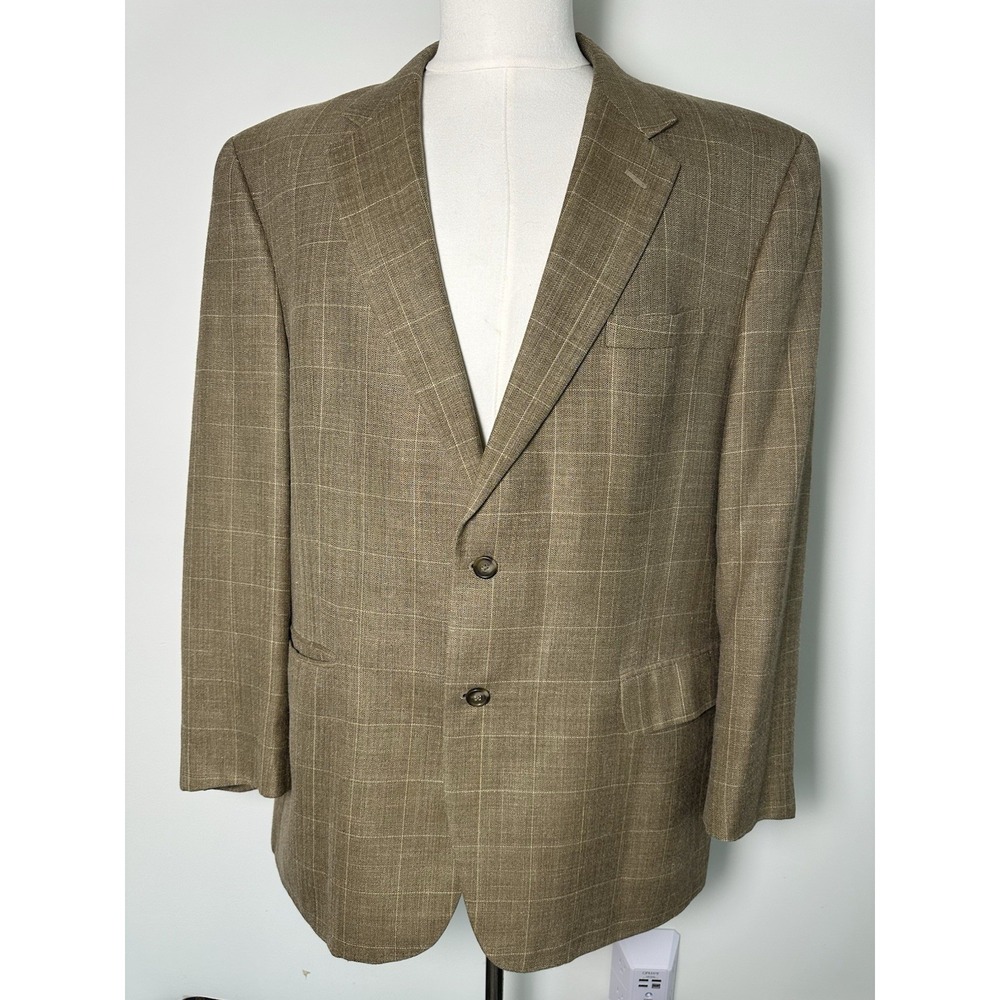 Jos A Bank Sport Coat 46R Silk Wool Linen Tan Plaid Blazer Jacket Mens